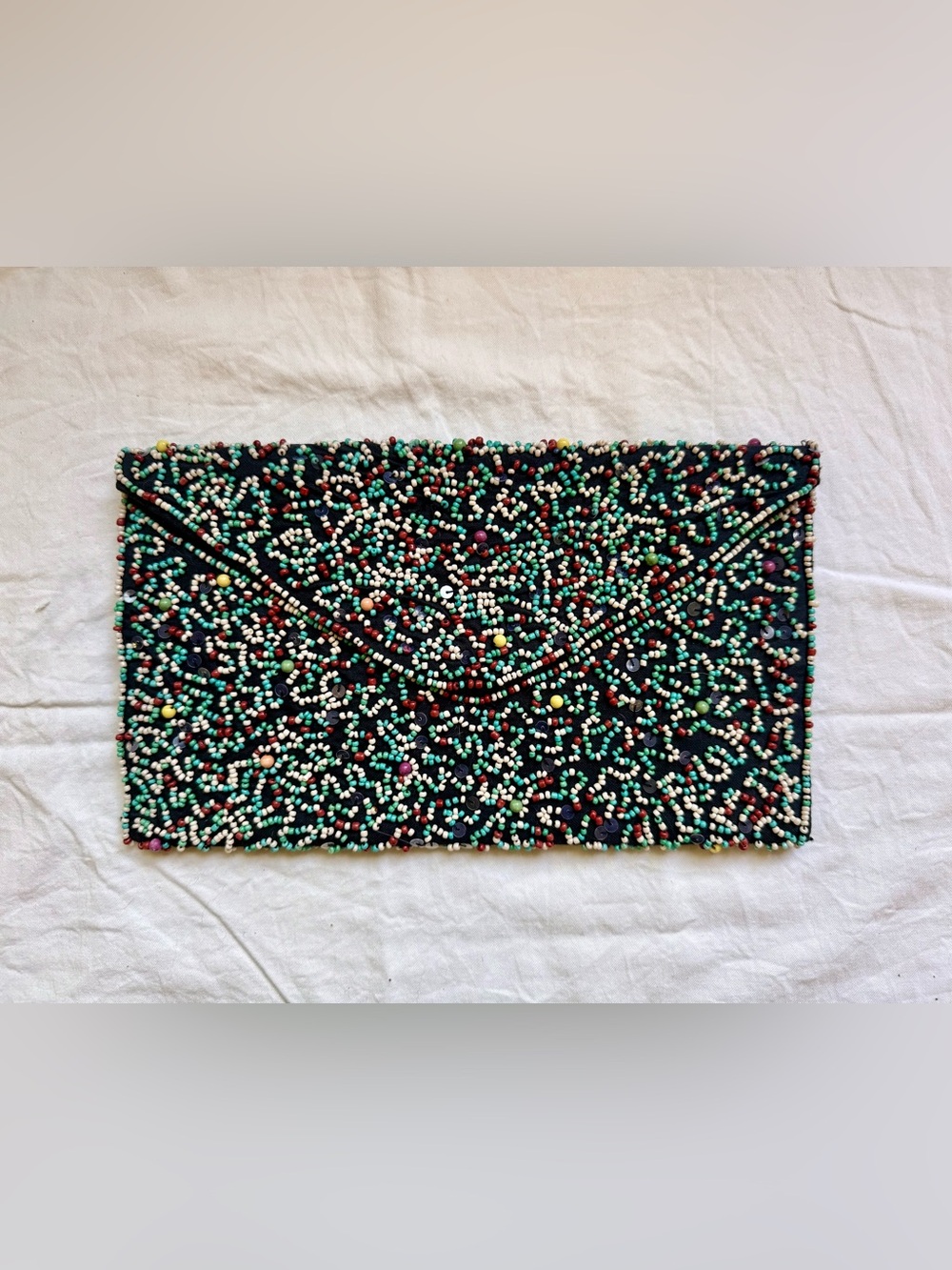 Zara Black Beaded Envelope Clutch with Multicolor Beads